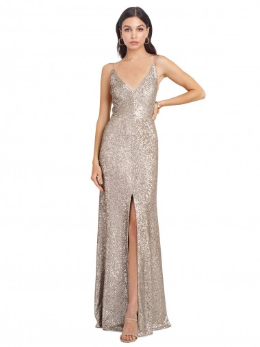 Argent Fourreau Col V Paillette Paillettes Scintillantes Longue Formelles Robes demoiselle d'honneur / Robes de soirée / Robes de bal Pas Chre