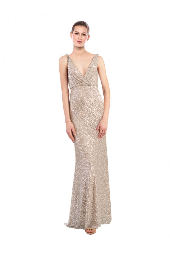 Argent Fourreau Col V Paillette Paillettes Scintillantes Longue Formelles Robes demoiselle d'honneur / Robes de soirée / Robes de bal Pas Chère