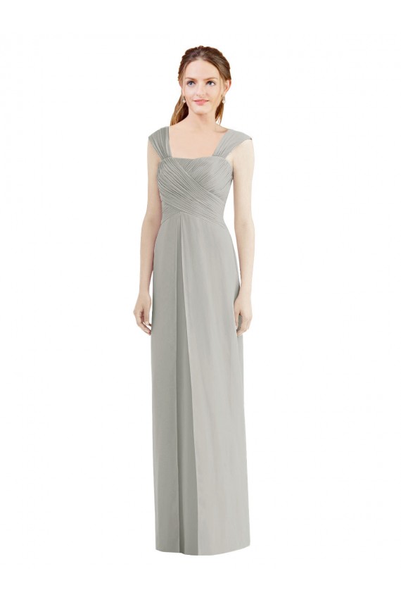 Argent Trapèze Bateau Mousseline Longue Robes demoiselle d'honneur Pas Chère