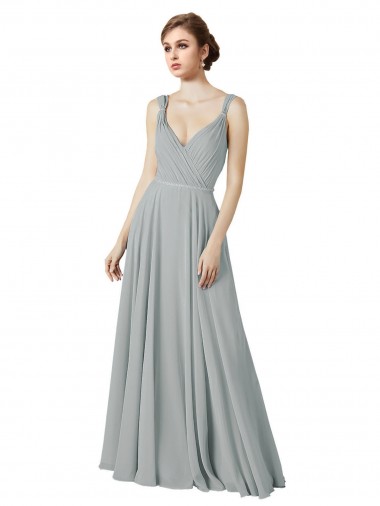 Argent Trapèze Col V Mousseline Longue Robes demoiselle d'honneur Pas Chre