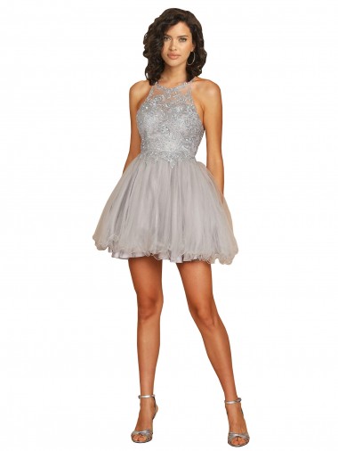 Argent Trapèze Licou Courte Tulle Courte Robes demoiselle d'honneur / Robes de cocktail Pas Chre