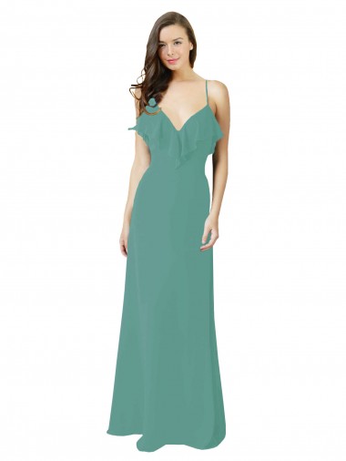 Argent islandais Trapèze Bretelles spaghetti Col V Mousseline Longue Robes demoiselle d'honneur Pas Chre