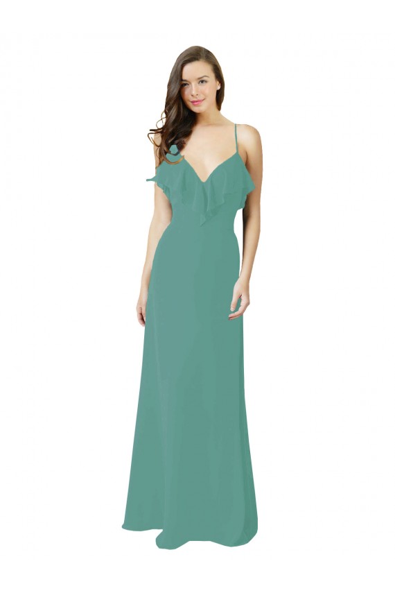 Argent islandais Trapèze Bretelles spaghetti Col V Mousseline Longue Robes demoiselle d'honneur Pas Chère