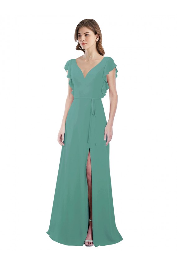 Argent islandais Trapèze Col V Mousseline Longue Robes demoiselle d'honneur Pas Chère