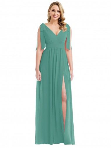 Argent islandais Trapèze Col V Mousseline Longue Robes demoiselle d'honneur Pas Chre