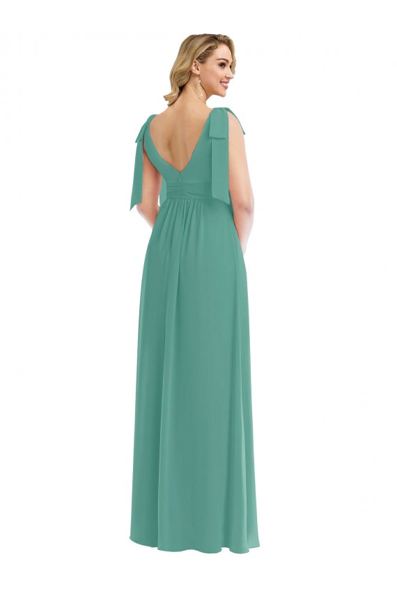 Argent islandais Trapèze Col V Mousseline Longue Robes demoiselle d'honneur Pas Chère