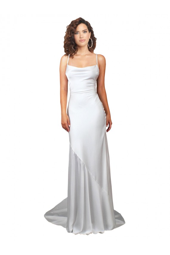 Blanc Fourreau Balayage train Satiné Soyeux Simple Plage Robes de mariée Pas Chère