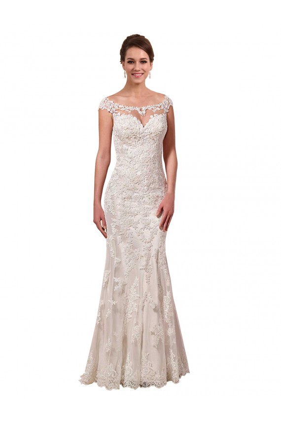 Blanc Fourreau Bateau Illusion Dentelle Robes de mariée Pas Chère