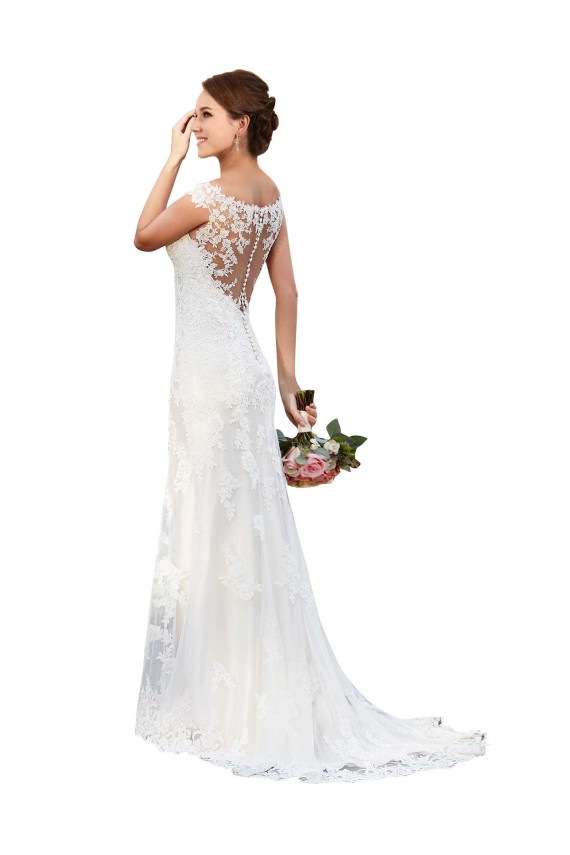 Blanc Fourreau Bateau Illusion Dentelle Robes de mariée Pas Chère