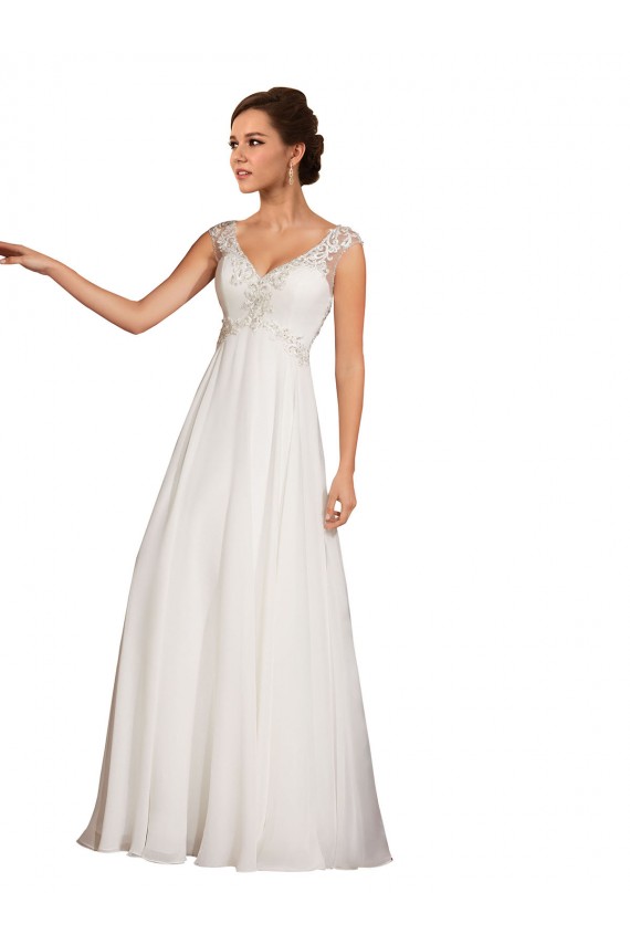 Blanc Fourreau Col V Mousseline Dentelle Robes de mariée Pas Chère