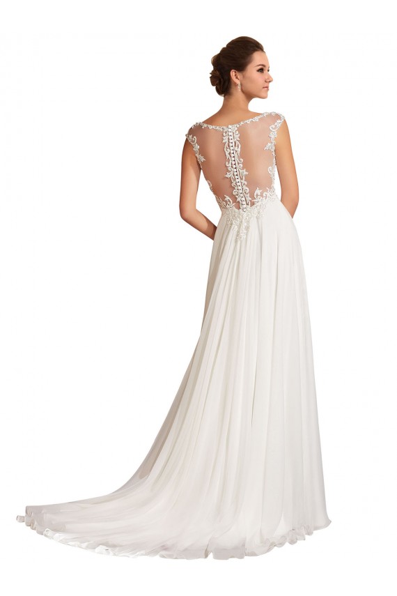 Blanc Fourreau Col V Mousseline Dentelle Robes de mariée Pas Chère