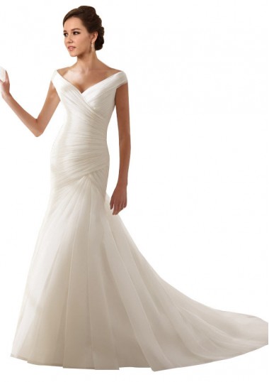Blanc Fourreau Épaule Dénudée Tulle Robes de mariée Pas Chre