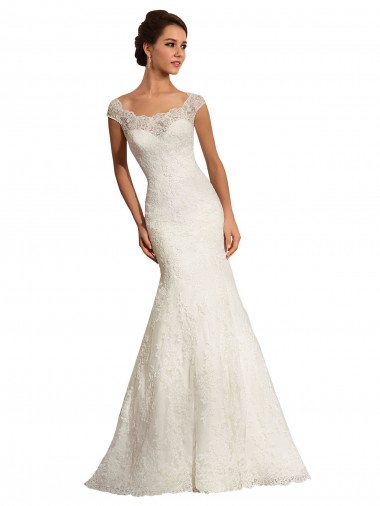 Blanc Sirène Bateau Dentelle Robes de mariée Pas Chre