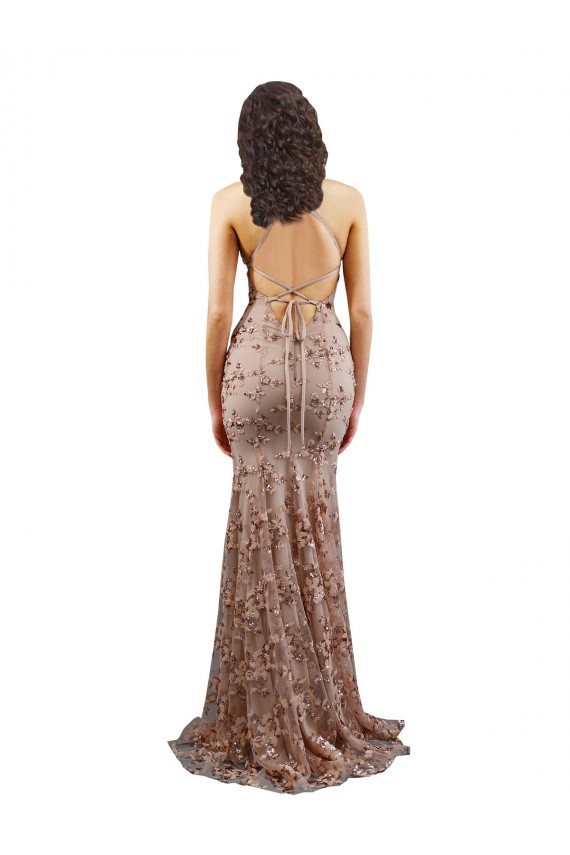 Or rose Sirène Col V Crêpe Stretch Paillette Tulle Longue Formelles Robes demoiselle d'honneur / Robes de soirée / Robes de bal Pas Chère