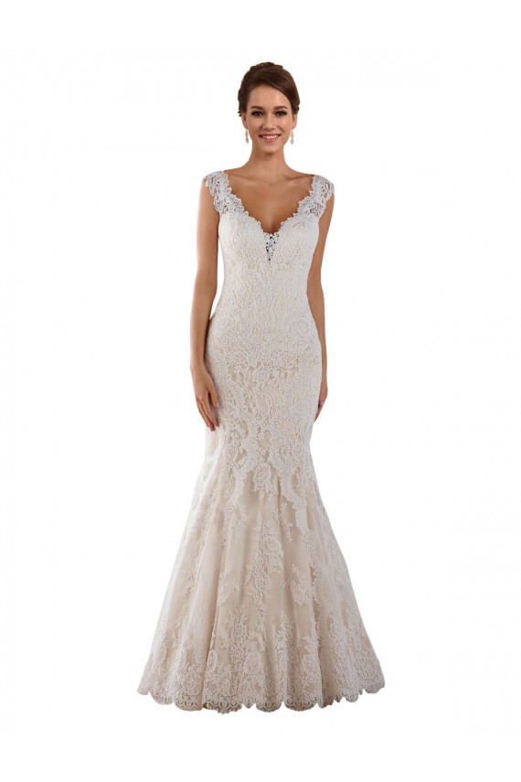 Blanc Sirène Col V Dentelle Robes de mariée Pas Chère