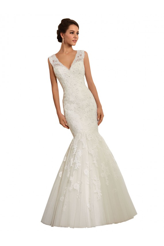 Blanc Sirène Col V Tulle Dentelle Robes de mariée Pas Chère