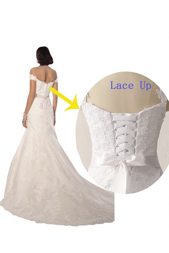 Blanc Sirène Épaule Dénudée Dentelle Plage Robes de mariée Pas Chère