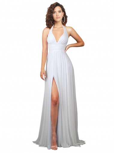 Blanc Trapèze Col V Balayage train Mousseline Longue Robes demoiselle d'honneur Pas Chre