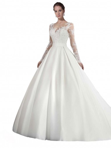 Blanc Trapèze Illusion Traîne cathédrale Satiné Dentelle Robes de mariée Pas Chre