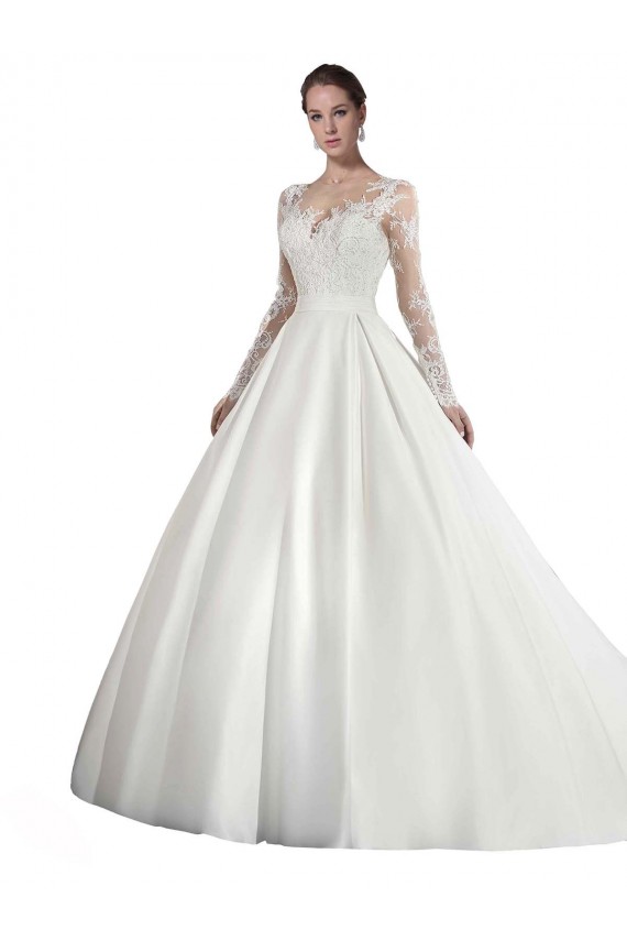 Blanc Trapèze Illusion Traîne cathédrale Satiné Dentelle Robes de mariée Pas Chère