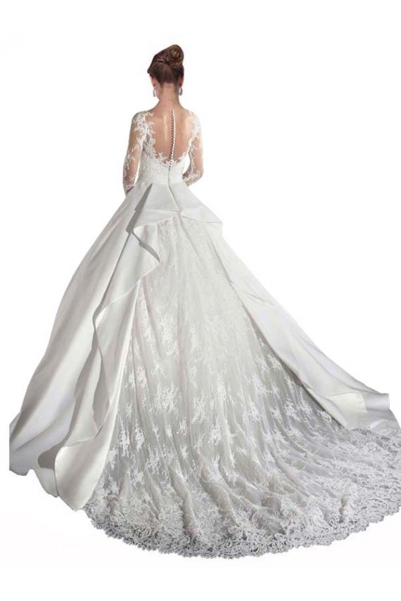 Blanc Trapèze Illusion Traîne cathédrale Satiné Dentelle Robes de mariée Pas Chère