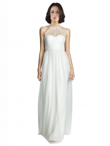 Blanc Trapèze Licou Col Haut Tulle Longue Robes demoiselle d'honneur Pas Chre