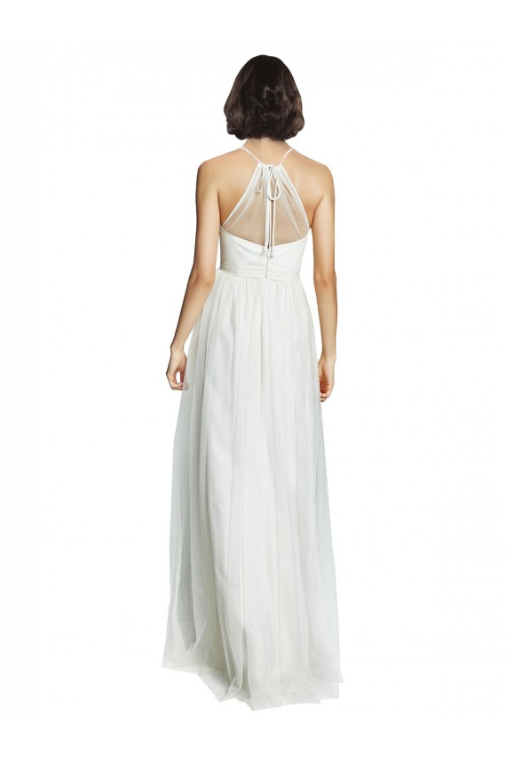Blanc Trapèze Licou Col Haut Tulle Longue Robes demoiselle d'honneur Pas Chère