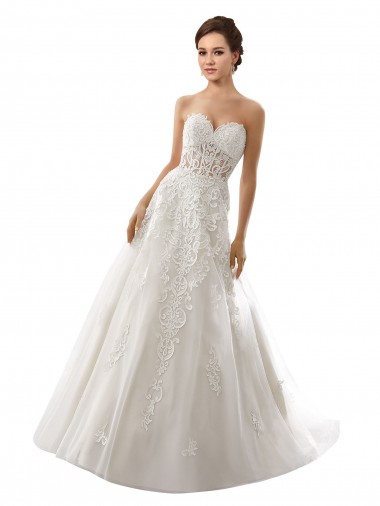 Blanc Trapèze Tulle Dentelle Robes de mariée Pas Chre