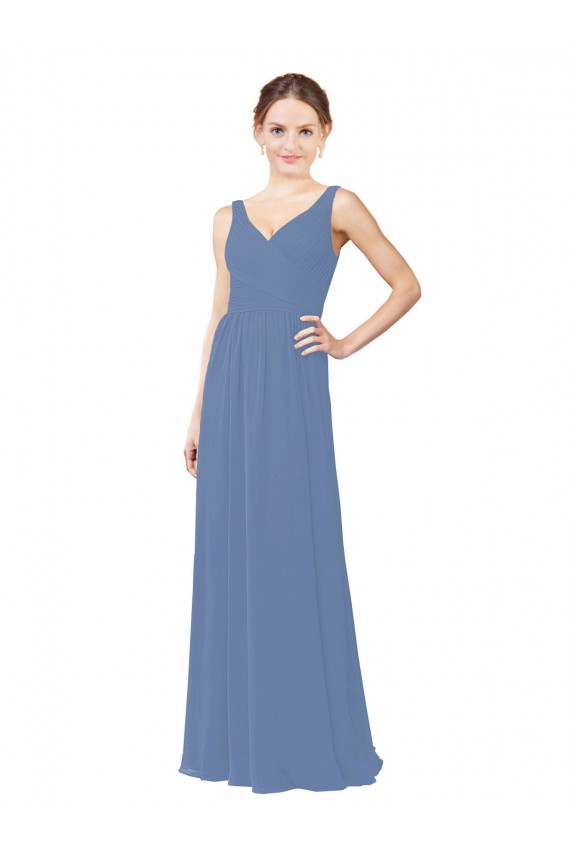 Bleu Windsor Fourreau Col V Mousseline Longue Robes demoiselle d'honneur Pas Chère