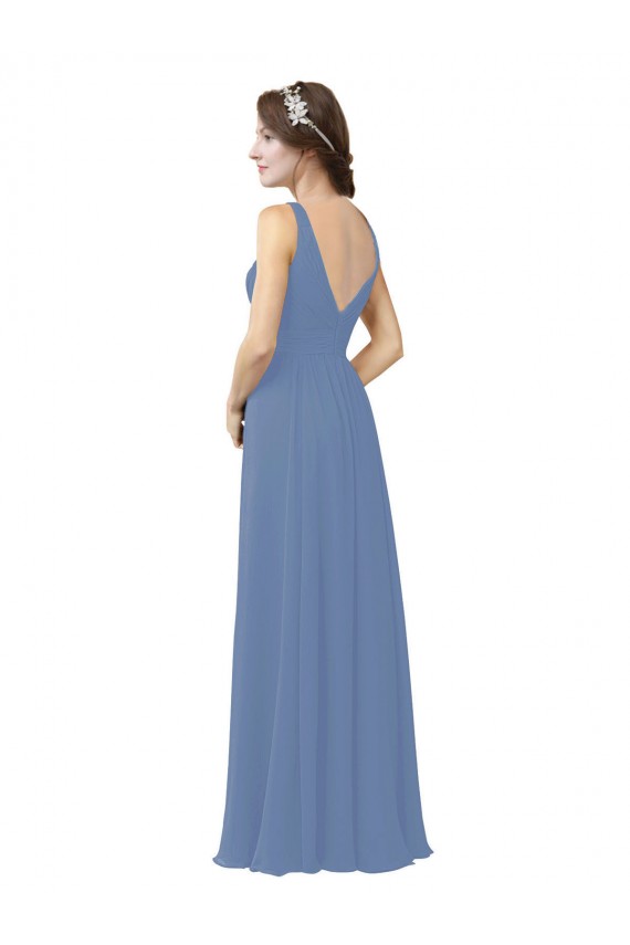 Bleu Windsor Fourreau Col V Mousseline Longue Robes demoiselle d'honneur Pas Chère