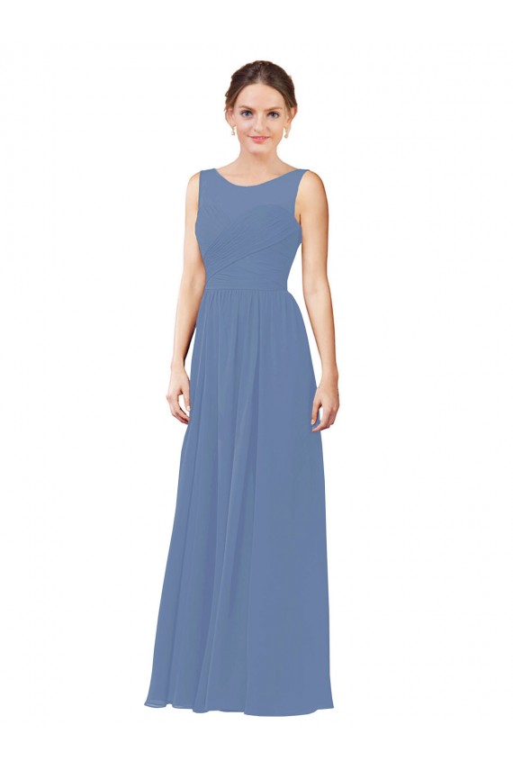 Bleu Windsor Fourreau Illusion Mousseline Longue Robes demoiselle d'honneur Pas Chère