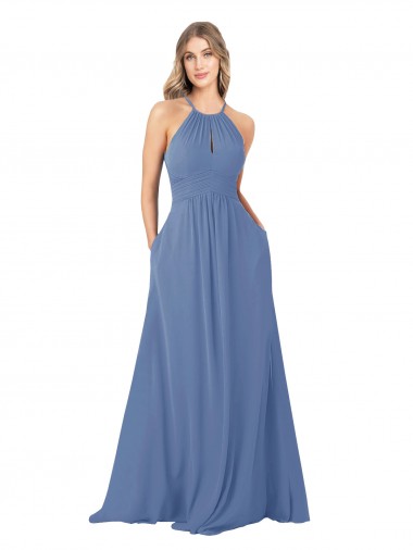 Bleu Windsor Trapèze Col Haut Mousseline Longue Robes demoiselle d'honneur Pas Chre