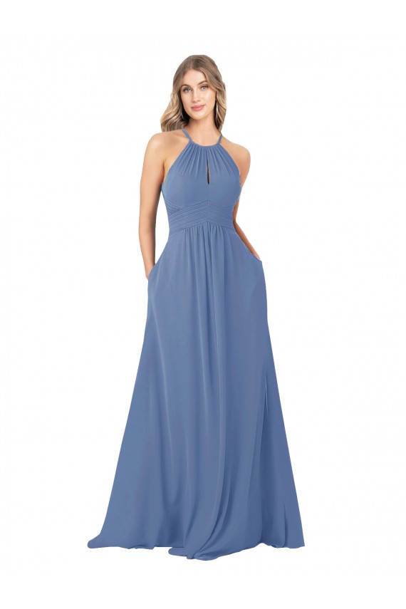 Bleu Windsor Trapèze Col Haut Mousseline Longue Robes demoiselle d'honneur Pas Chère
