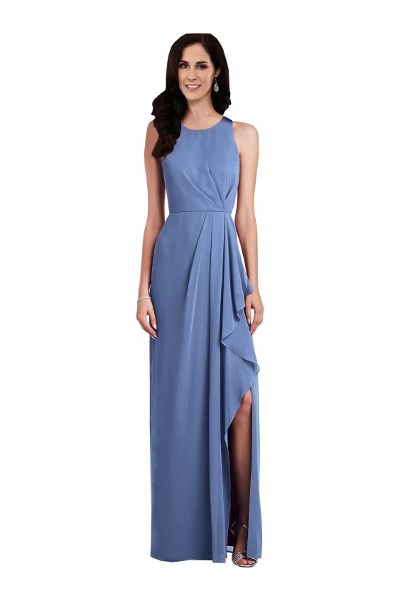 Bleu Windsor Trapèze Col bijou Mousseline Longue Robes demoiselle d'honneur Pas Chère