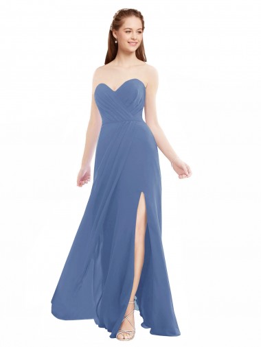 Bleu Windsor Trapèze Sans bretelle Mousseline Longue Robes demoiselle d'honneur Pas Chre