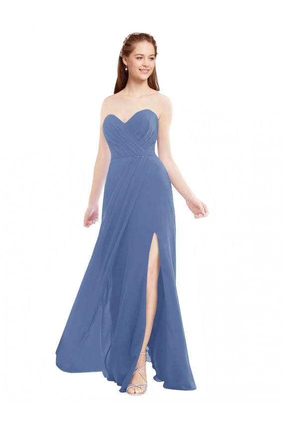 Bleu Windsor Trapèze Sans bretelle Mousseline Longue Robes demoiselle d'honneur Pas Chère