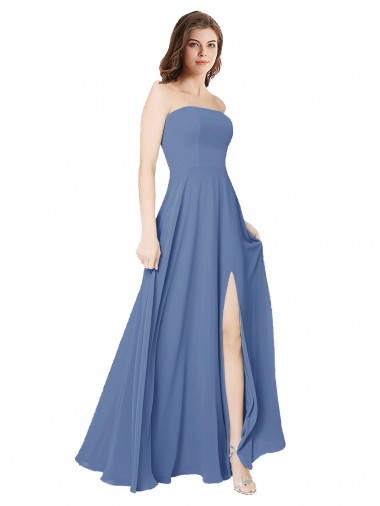 Bleu Windsor Trapèze Sans bretelle Mousseline Longue Robes demoiselle d'honneur Pas Chre