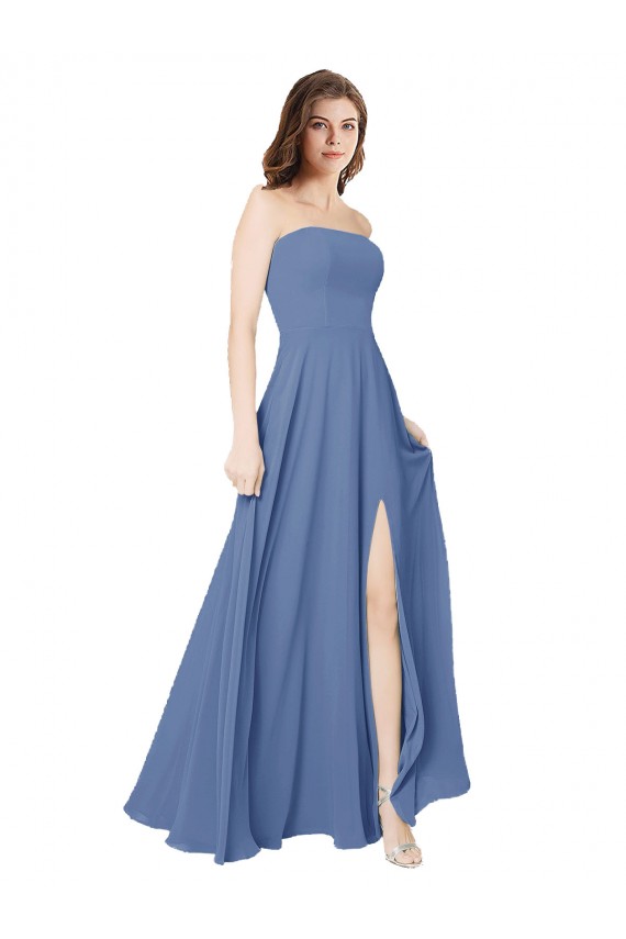 Bleu Windsor Trapèze Sans bretelle Mousseline Longue Robes demoiselle d'honneur Pas Chère