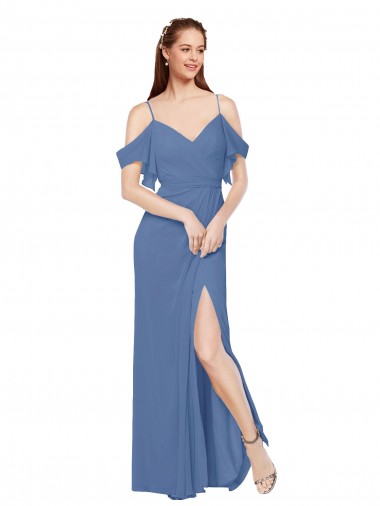 Bleu Windsor Trapèze Épaule Dénudée Mousseline Longue Robes demoiselle d'honneur Pas Chre