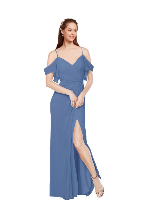 Bleu Windsor Trapèze Épaule Dénudée Mousseline Longue Robes demoiselle d'honneur Pas Chère