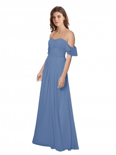 Bleu Windsor Trapèze Épaule Dénudée Sans bretelle Mousseline Longue Robes demoiselle d'honneur Pas Chre