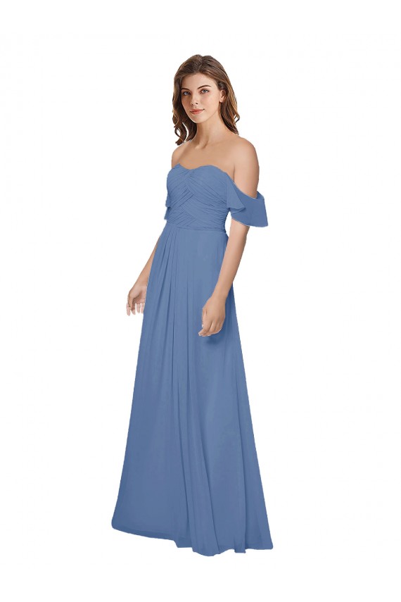 Bleu Windsor Trapèze Épaule Dénudée Sans bretelle Mousseline Longue Robes demoiselle d'honneur Pas Chère
