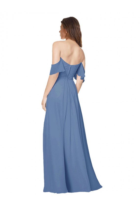 Bleu Windsor Trapèze Épaule Dénudée Sans bretelle Mousseline Longue Robes demoiselle d'honneur Pas Chère