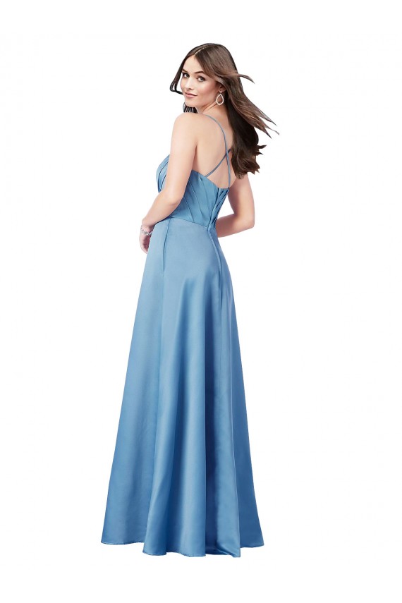 Bleu ciel Fourreau Bretelles spaghetti Col Carré Satiné Longue Formelles Robes demoiselle d'honneur / Robes de soirée / Robes de bal Pas Chère