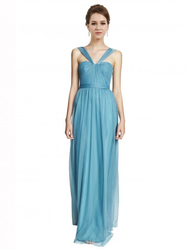 Bleu ciel Trapèze Bretelles spaghetti Col V Tulle Longue Robes demoiselle d'honneur Pas Chre