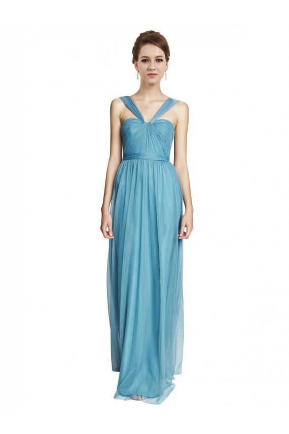 Bleu ciel Trapèze Bretelles spaghetti Col V Tulle Longue Robes demoiselle d'honneur Pas Chère