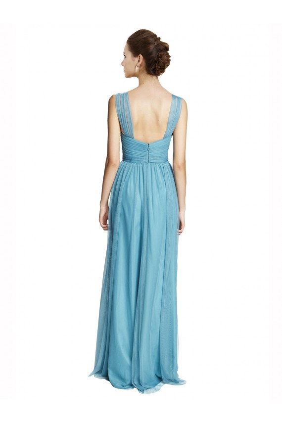 Bleu ciel Trapèze Bretelles spaghetti Col V Tulle Longue Robes demoiselle d'honneur Pas Chère