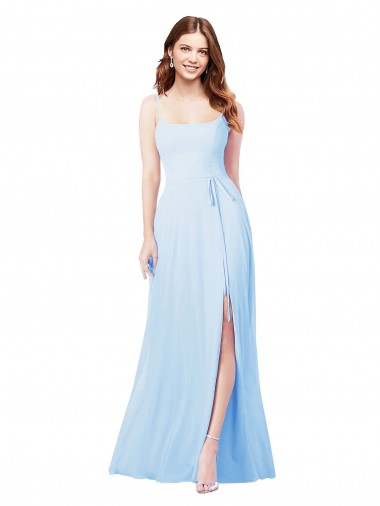 Bleu ciel clair Fourreau Bretelles spaghetti Col Carré Mousseline Longue Robes demoiselle d'honneur Pas Chre