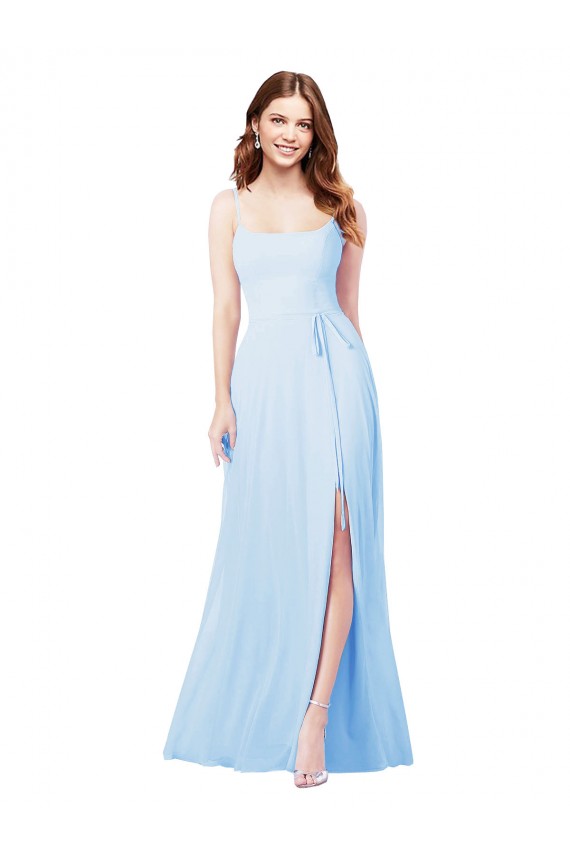 Bleu ciel clair Fourreau Bretelles spaghetti Col Carré Mousseline Longue Robes demoiselle d'honneur Pas Chère