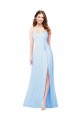 Bleu ciel clair Fourreau Bretelles spaghetti Col Carré Mousseline Longue Robes demoiselle d'honneur Pas Chère